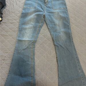 Blue Flare Wide Leg Jeans with Vintage Fading